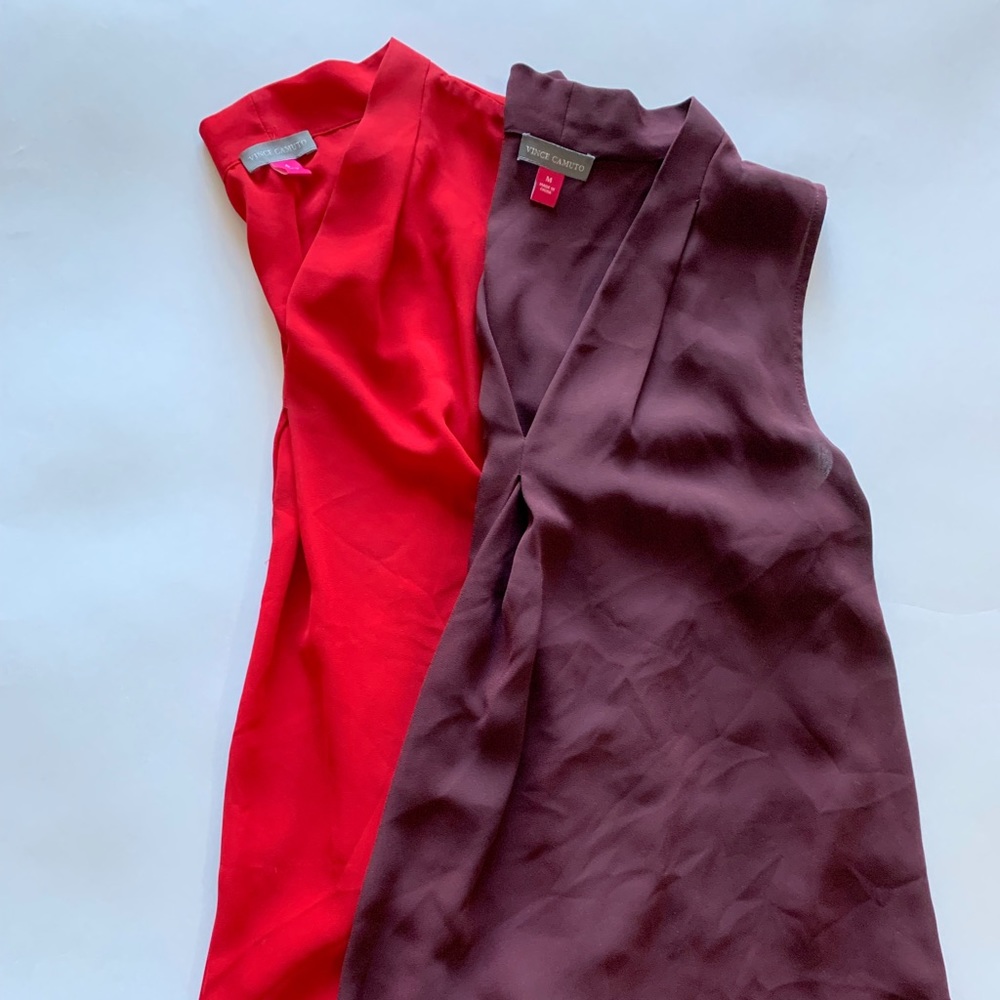 2 Sleeveless V-Neck Professional Collared Shirts, Burgundy/ Maroon (M) and Red S